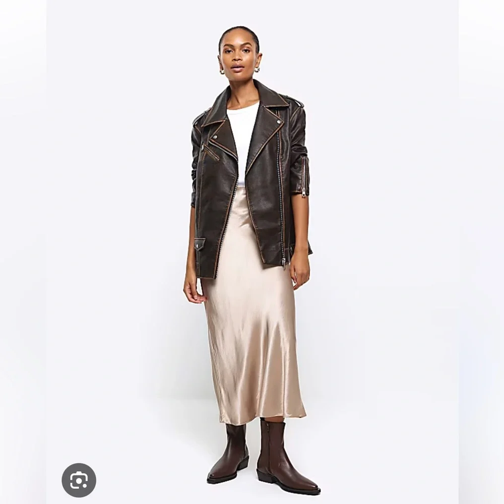 NWT‎ River Island Women’s Gold Satin Midi Skirt Bias Cut British